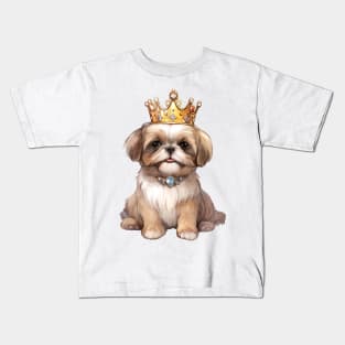 Watercolor Shih Tzu Dog Wearing a Crown Kids T-Shirt